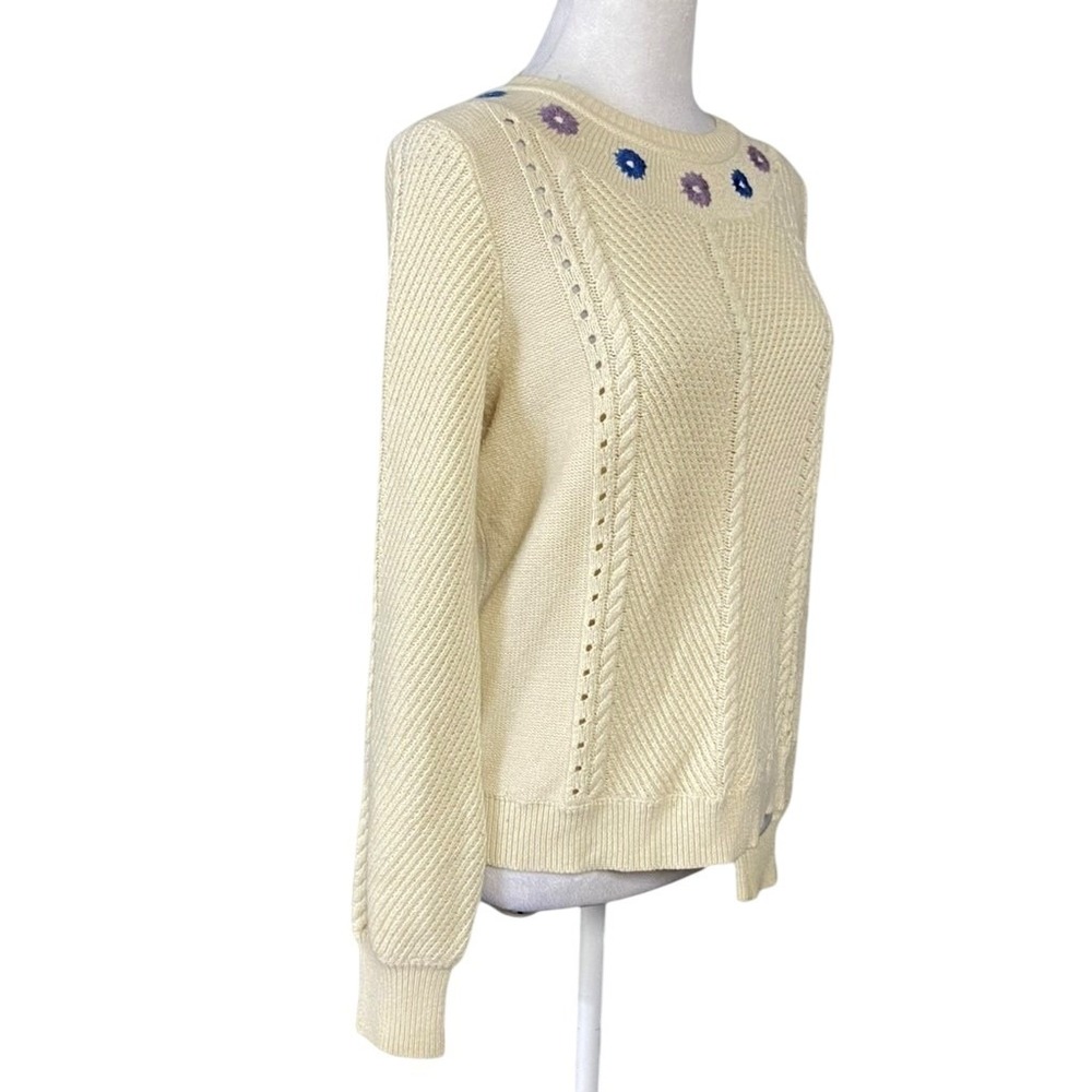 Marine Layer Sweater Womens XS White Cable Knit Crew Neck Floral Embroidered